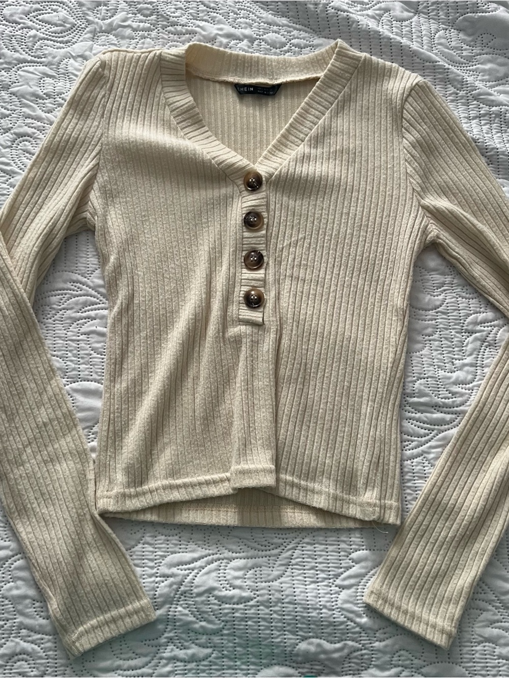 SHEIN Cream Ribbed V-Neck Button Henley Sweater